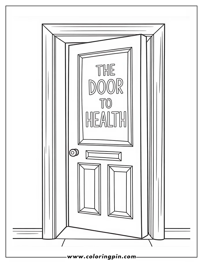 Line drawing of a partially open door labeled 'The Door to Health'.