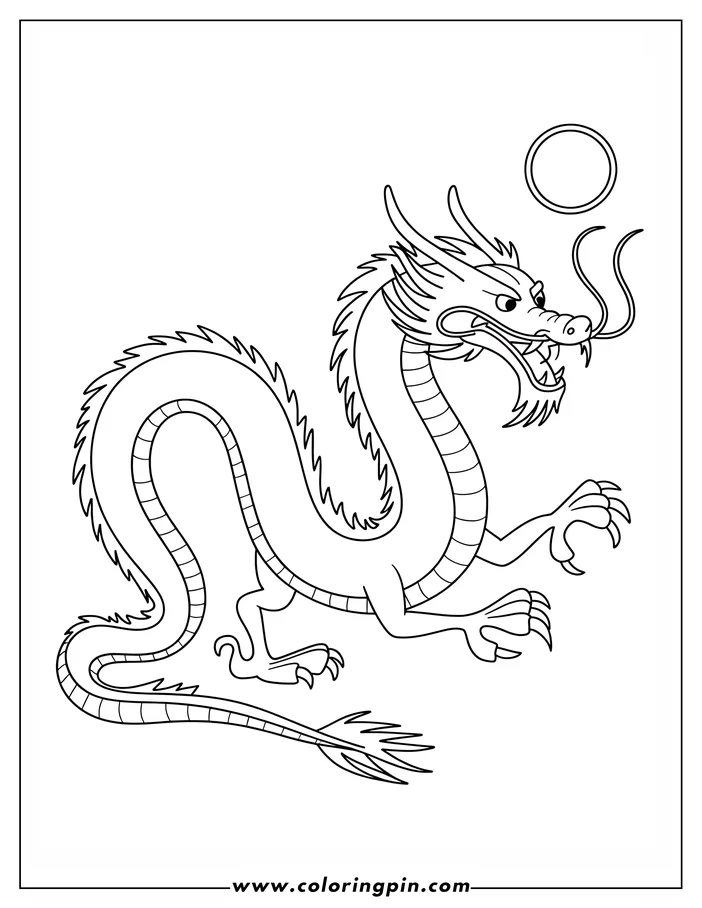 Line art of a fierce dragon with sharp claws, a flowing mane, and a textured tail.