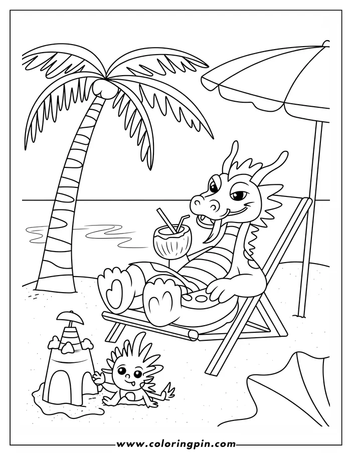 Cartoon dragon relaxing in a beach chair with a coconut drink, a small creature plays by a sandcastle, palm tree and umbrella in background