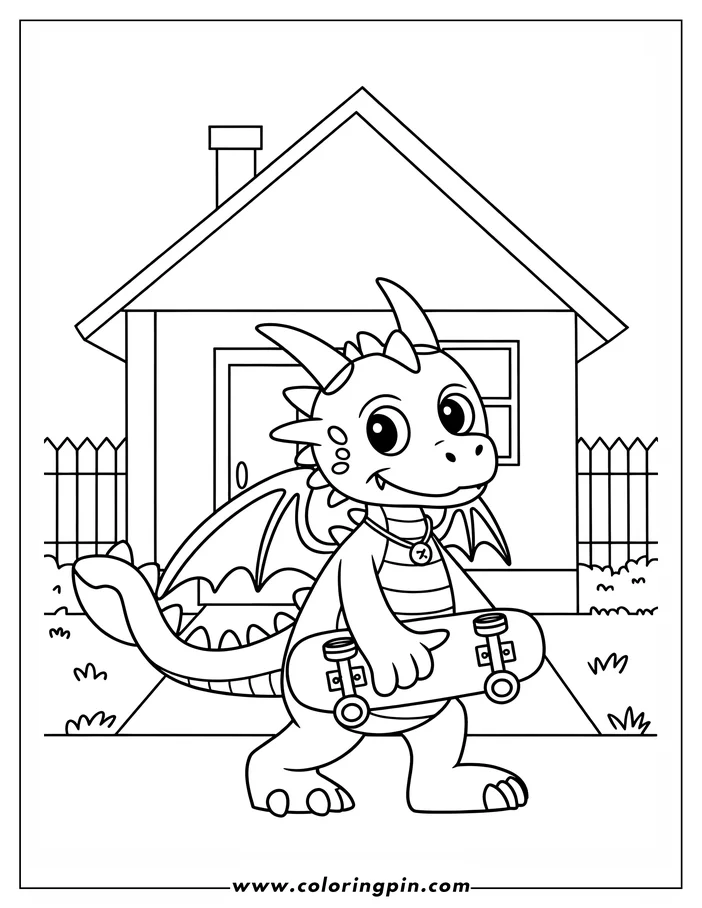 Line art of a cartoon dragon holding a skateboard in front of a house