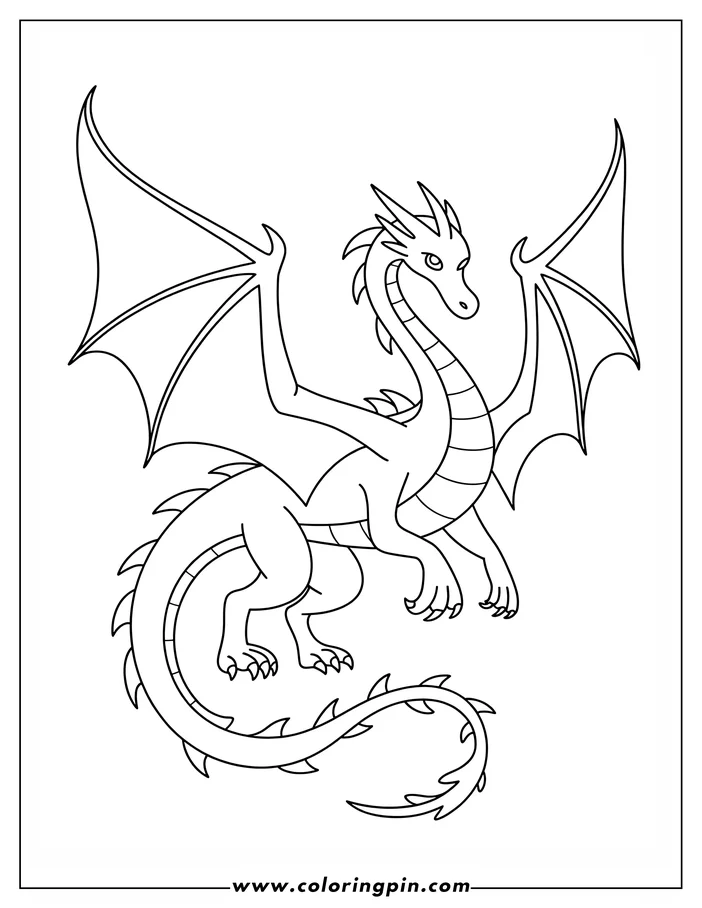 Line art of a friendly dragon with its wings outstretched. Its tail curls at the end.