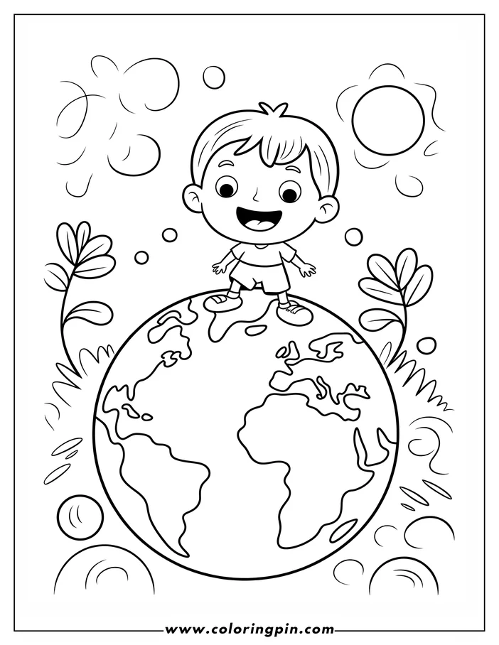 Earth Day line art of a boy standing on the earth with decorative elements around him. Simple drawing for coloring page design.