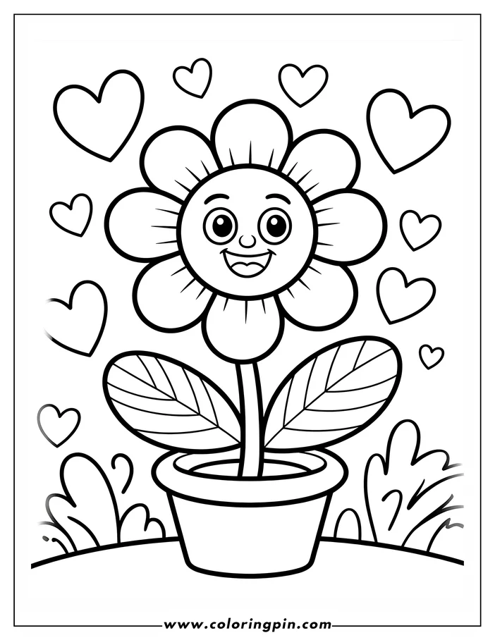 Line art of a smiling flower in a pot with hearts for Earth Day, a simple drawing for coloring.