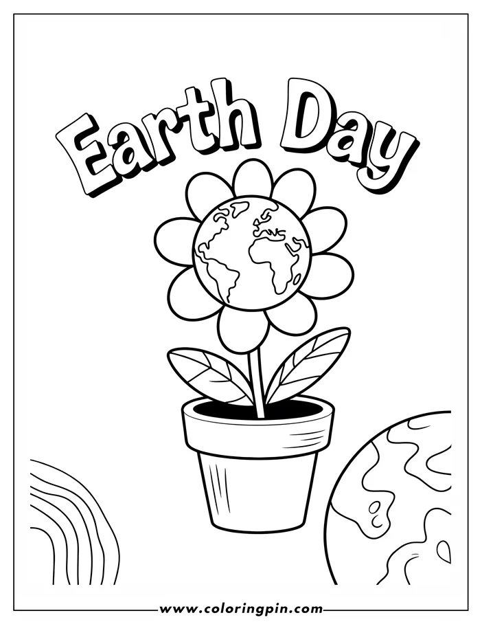 Line art for an Earth Day coloring page. It depicts the Earth as the center of a flower, planted in a pot. Another image of the Earth appears beside it.