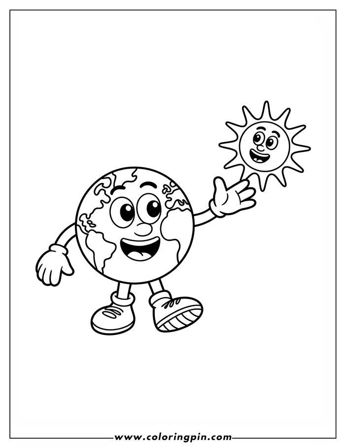A cheerful cartoon Earth, wearing gloves and sneakers, waves to a smiling sun in this Earth Day coloring page. The Earth's continents are clearly visible, ready to be colored in.