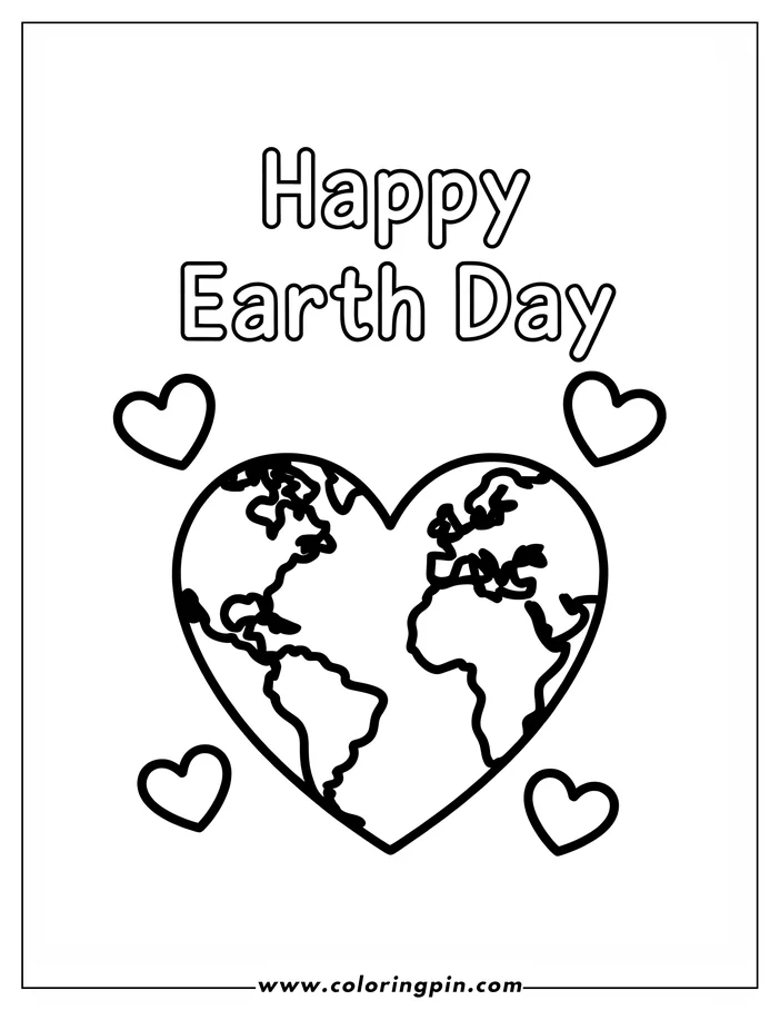 A heart-shaped Earth globe outline drawing for an Earth Day coloring page.  The globe details are visible inside the heart.  Four small hearts float around the larger heart. Happy Earth Day is written at the top.