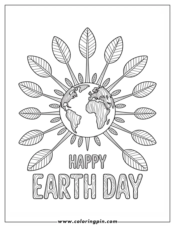 Line art of an Earth globe surrounded by leaves, with 'Happy Earth Day' written below. This coloring page design celebrates Earth Day and promotes environmental awareness.