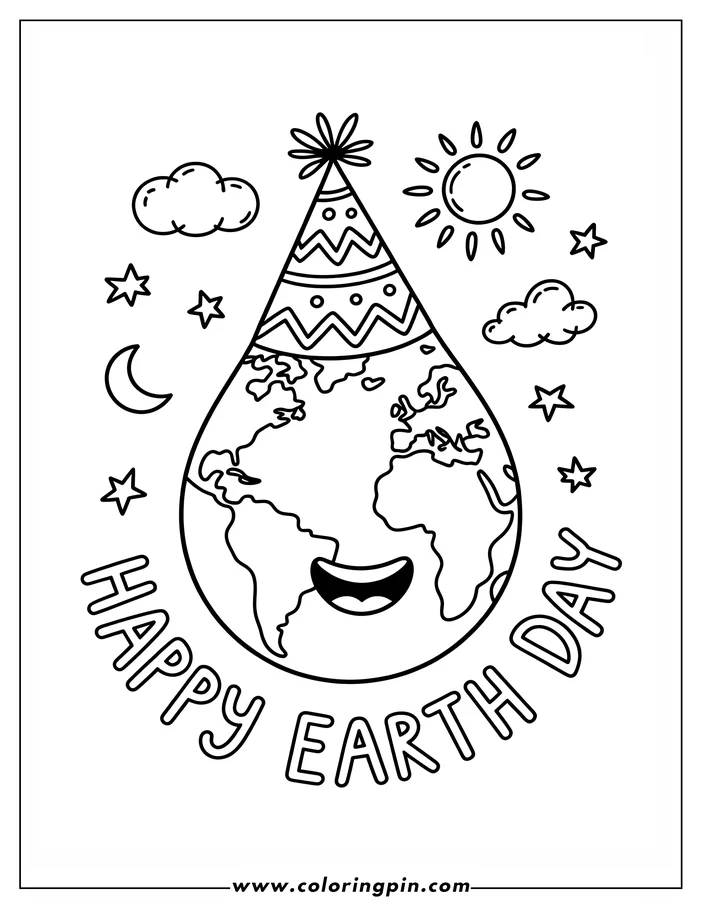 Line art of a smiling Earth for Earth Day. The earth is depicted as a globe wearing a patterned party hat, surrounded by stars, clouds, a sun, and a crescent moon. The words "Happy Earth Day" curve below the globe. Designed as a coloring page.