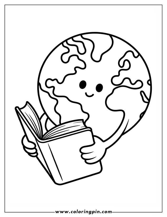 Simple, friendly line art of an Earth globe for Earth Day, holding and reading an open book. The globe is smiling and holding the book with small hands, creating a cute design for a coloring page. Perfect for promoting Earth Day awareness.
