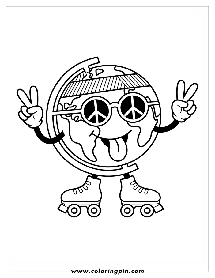 Line art of an Earth globe wearing peace-sign sunglasses and a headband, roller skating and making peace signs with its hands. This Earth Day-themed drawing is designed as a coloring sheet.