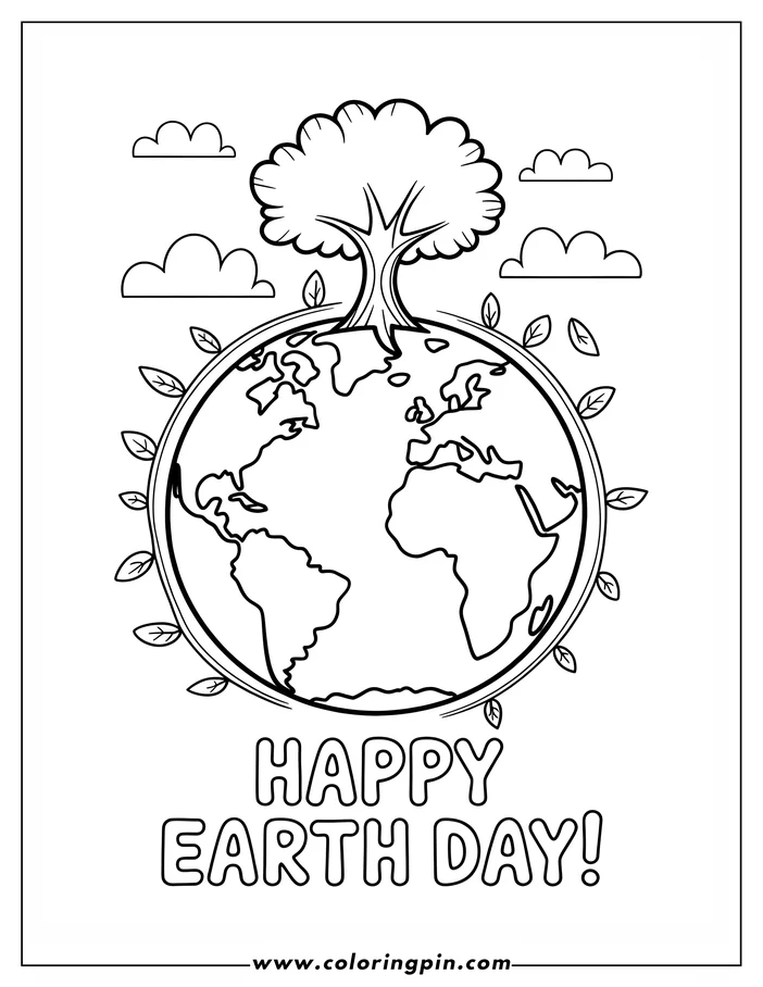 Line art of the Earth for Earth Day with a tree growing on top, surrounded by leaves and clouds. A simple drawing designed for a coloring sheet.