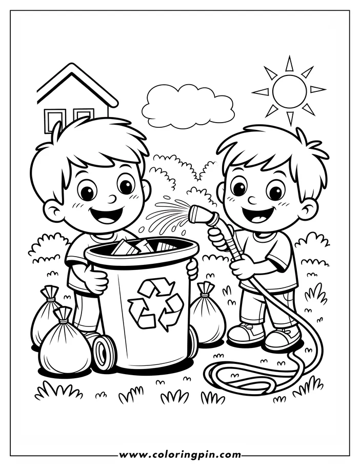 Line art of two children participating in Earth Day activities. One child holds a recycling bin while the other sprays it clean with a water hose. Trash bags sit nearby, and a house, sun, and cloud are visible in the background. This is a coloring sheet design.