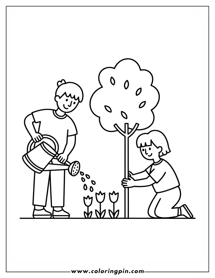 Line art illustration of two children participating in an Earth Day activity. One child waters a newly planted tree with a watering can, while the other child kneels and holds the tree trunk.  Three tulips are planted near the tree. This is a coloring sheet design, perfect for celebrating Earth Day.