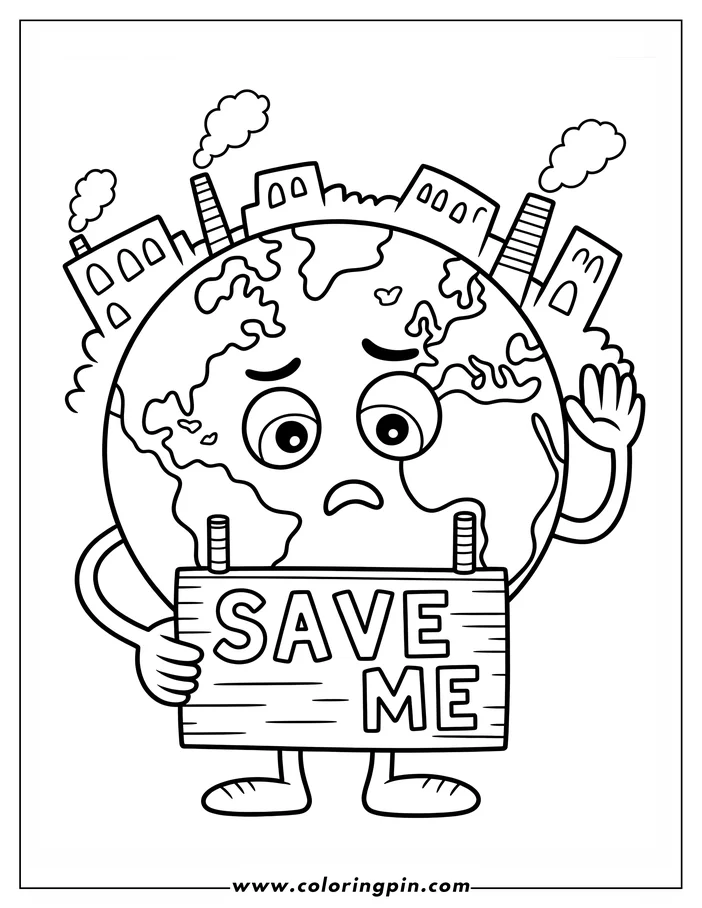 Line art of a cartoon-styled Earth with a worried expression for Earth Day. It holds a sign reading "SAVE ME" in front of a backdrop of factories with smoking chimneys. This image is a coloring page design.