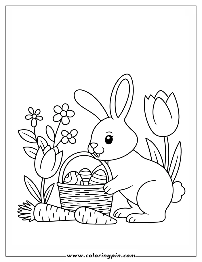 Simple coloring page design featuring a woven Easter basket filled with decorated eggs. A friendly cartoon bunny stands next to the basket, with carrots and spring flowers completing the scene.