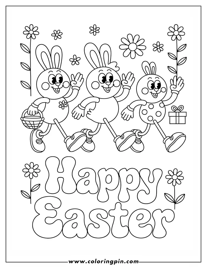Line art of three Easter bunnies walking. The first bunny holds a basket, the second waves, and the third carries a present.  They have large eyes, round bodies, and wear gloves and sneakers. Simple flowers are in the background, along with a 'Happy Easter' message. This design is a coloring sheet.