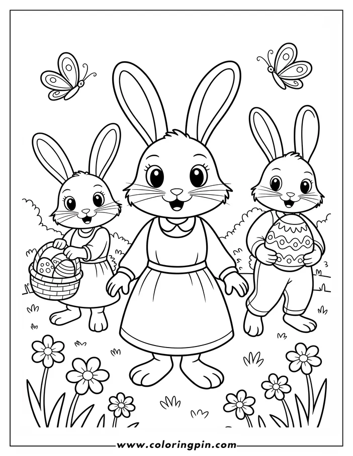 Line art of three Easter bunnies in a field of flowers. The central bunny wears a dress, one holds an Easter basket, and the other holds a large Easter egg. Butterflies fly around them. This is a design for a coloring sheet.