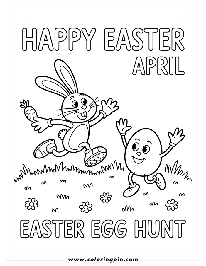 Line art of an Easter bunny with a carrot and a smiling Easter egg running through a field with flowers and grass, designed as a coloring page.