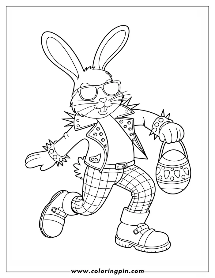 Line art of an Easter bunny, wearing sunglasses, a studded jacket and plaid pants, carrying an Easter egg basket. This is a drawing ready for coloring.