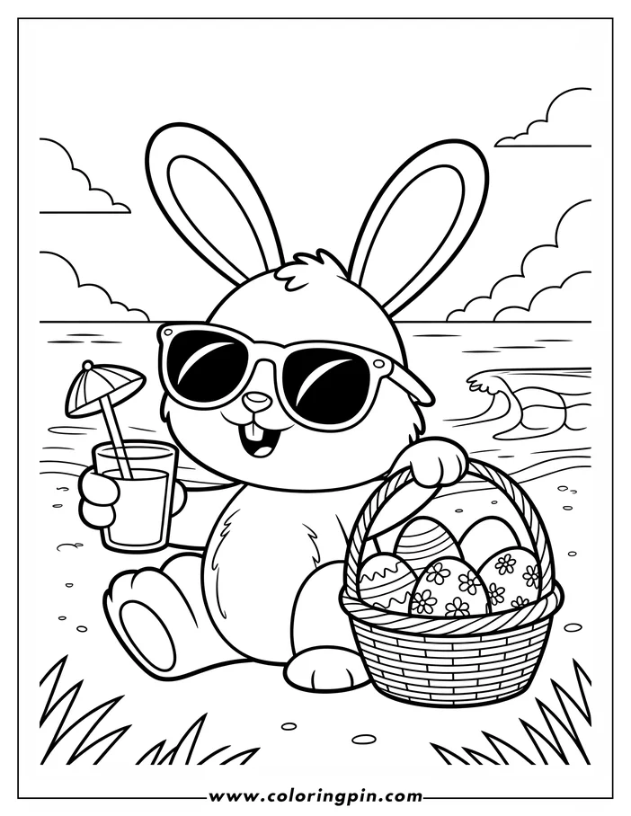 A cartoon line art drawing of the Easter Bunny at the beach. He wears sunglasses and holds a fruity drink with a small umbrella, and a basket of decorated Easter eggs rests at his side. This coloring page image shows a simple beach scene with waves and grass.