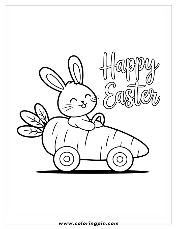 Line art of the Easter Bunny driving a carrot car. The bunny is smiling and holding onto the carrot's leafy top which forms the car's steering wheel. This whimsical design is a fun coloring sheet for Easter.
