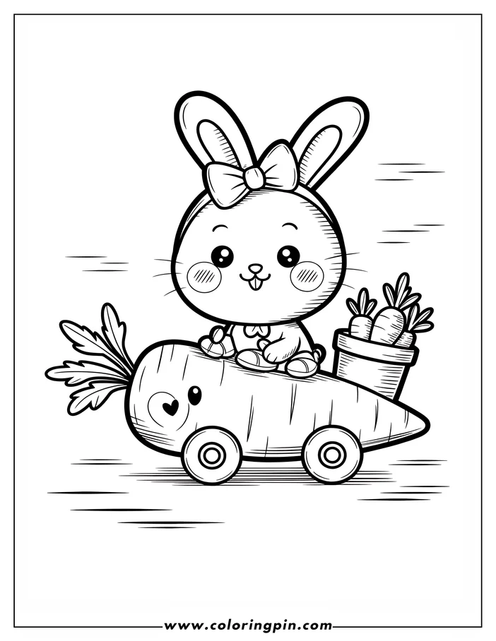 Line art of an Easter bunny riding a carrot car. The bunny wears a bow and the car carries a pot of carrots. Perfect for a festive coloring activity.