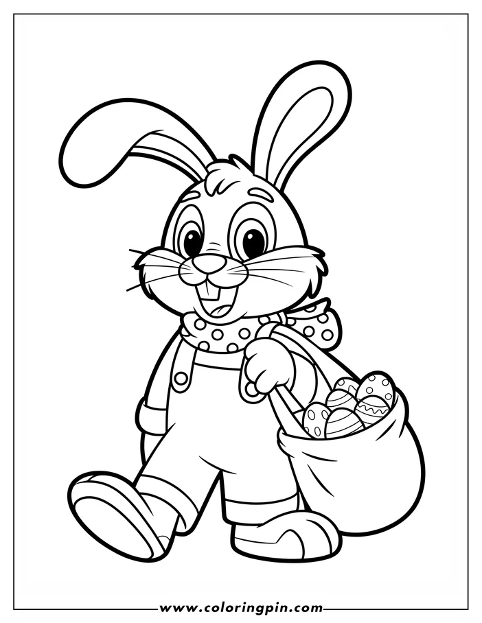 Line art of the Easter Bunny carrying a bag of decorated Easter eggs. The bunny is wearing overalls and a polka dot bandana. This is a coloring sheet design.