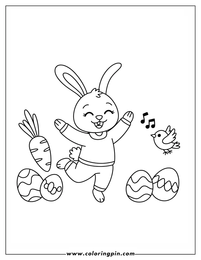 Line art of a dancing Easter Bunny surrounded by decorated Easter eggs and a carrot. A little bird sings nearby. This cheerful scene is a coloring page design.