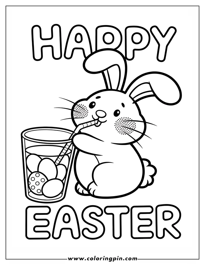 Line art of an Easter bunny enjoying a drink through a straw. The bunny sits next to a glass filled with Easter eggs. This is a simple drawing design for a coloring page.