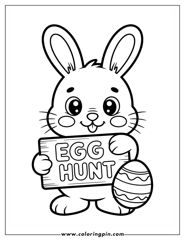 Line art depicting an Easter bunny holding a sign reading "Egg Hunt" and an Easter egg, designed as a coloring sheet.