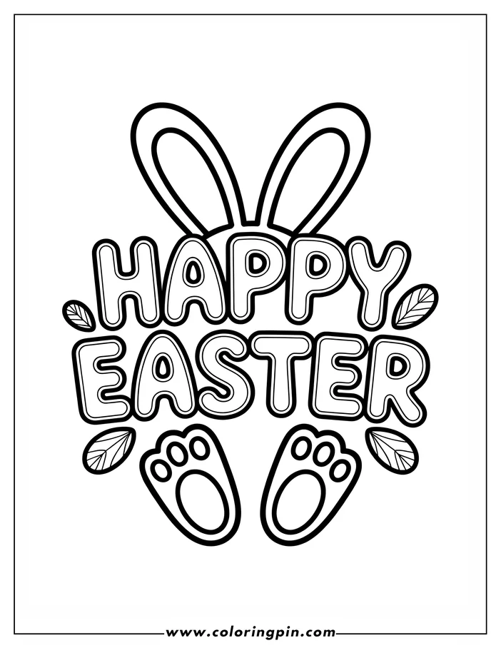 Line art for a Happy Easter coloring page. The design features bold, bubble letters spelling out 'Happy Easter' with simple bunny ears at the top, bunny feet at the bottom, and detailed leaves scattered around, creating a festive design ready for coloring.