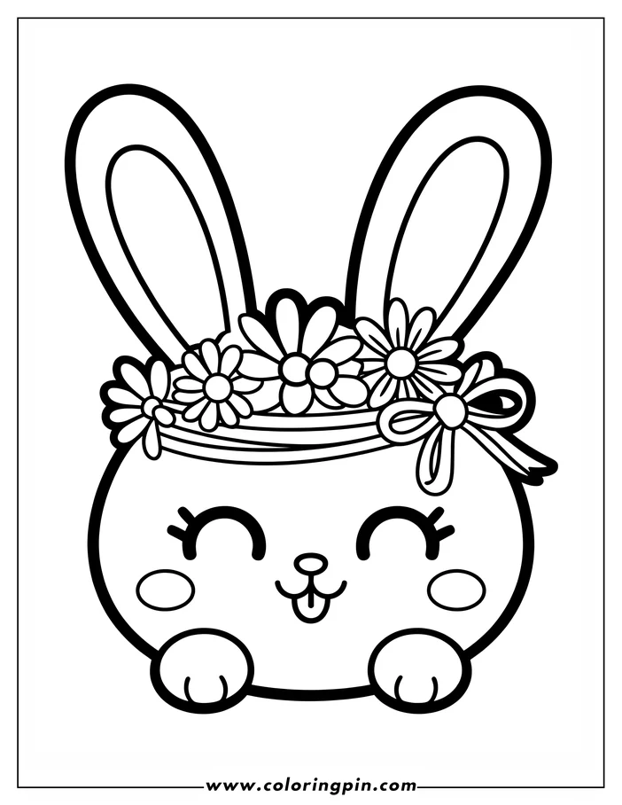 Simple, cute Easter Bunny line art for coloring. The bunny has a flower crown with a ribbon, closed eyes, and its tongue sticking out. It's a cheerful, child-friendly coloring sheet design.