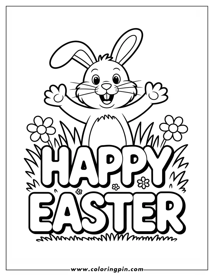 A cheerful line art drawing of the Easter Bunny with open arms surrounded by grass and small flowers, wishing "Happy Easter." This outline drawing is designed as a coloring page for kids.