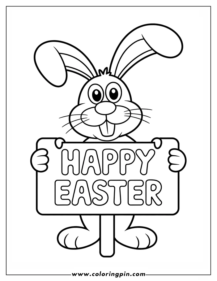 Coloring sheet design featuring a cartoon Easter Bunny holding a sign saying "Happy Easter." The bunny is smiling and looks cheerful. This line art is perfect for a festive Easter coloring activity.
