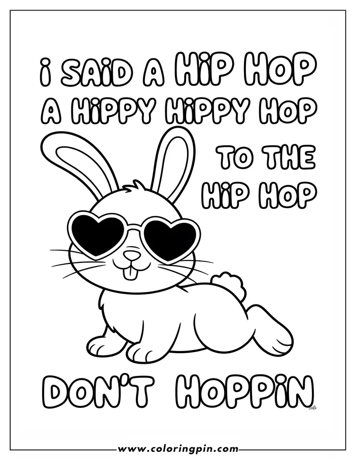 Line art of an Easter Bunny wearing heart-shaped sunglasses. The bunny is lying down, and has a playful expression, designed as a coloring sheet.
