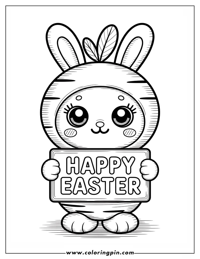 Line art of an Easter bunny holding a "Happy Easter" sign. The bunny has large eyes and wears a carrot costume. Perfect for a festive coloring activity.