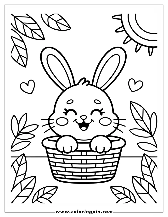 Line art of an Easter bunny sitting in a basket. The bunny has closed eyes, long lashes, and a big smile. Leaves, hearts, and a partial sun decorate the background of this coloring sheet design.