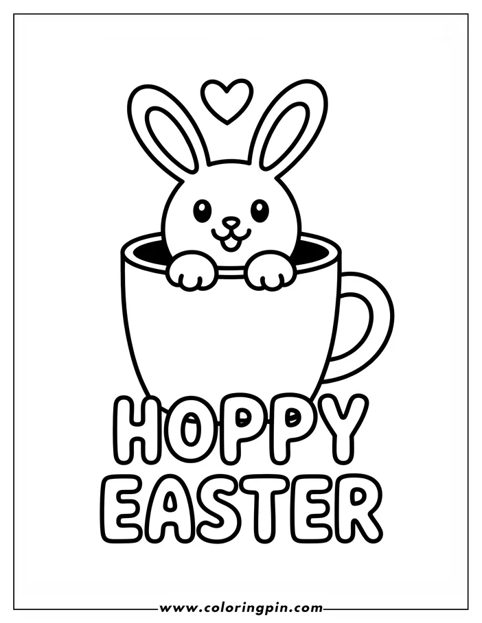 A simple, cute line art drawing of an Easter Bunny sitting inside a mug, with a heart floating above the bunny's head. The words "Hoppy Easter" are printed below the mug. Design intended as a coloring page.