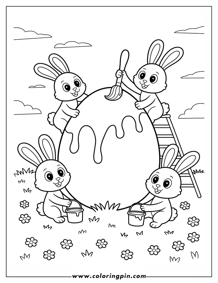 Coloring sheet design of four Easter bunnies painting a large egg. One bunny uses a paintbrush from atop a ladder, while the others assist with paint buckets. Grass and flowers decorate the foreground. Perfect for springtime coloring.