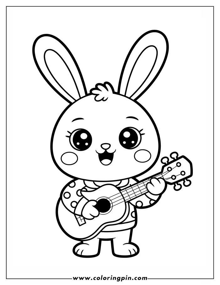 Line art of an Easter Bunny playing a guitar. The bunny wears a polka-dotted sweater and has large, expressive eyes. This adorable bunny is ready for coloring, perfect for Easter.