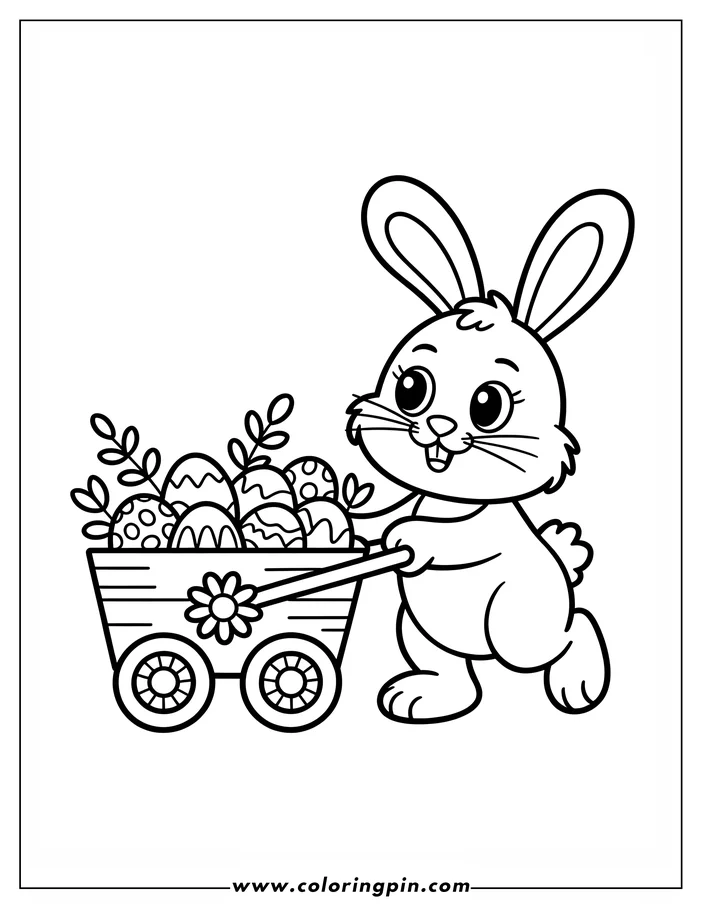 A coloring page design shows the Easter Bunny pulling a wagon full of decorated eggs. The bunny is walking and smiling, pulling the wagon with a decorated flower by its handle. The wagon is filled with elaborately decorated Easter eggs.