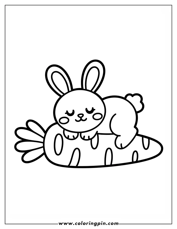 Simple, cute line art of an Easter Bunny sleeping on a large carrot. The bunny has closed eyes and its paws tucked in. Perfect coloring sheet design for kids.