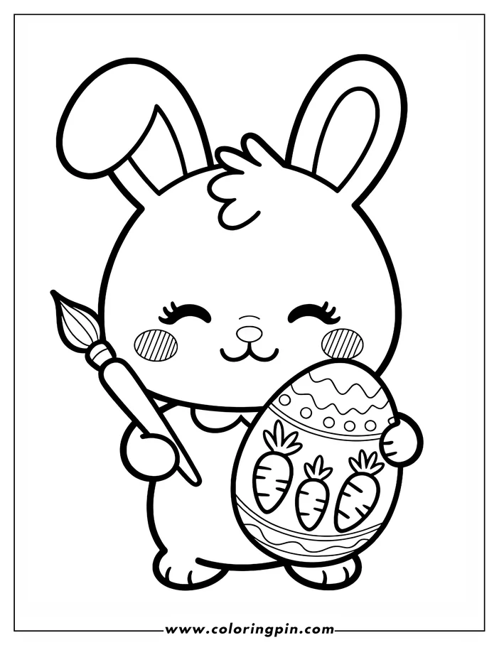 Line art of an Easter bunny holding a paintbrush and an Easter egg decorated with carrots. The bunny has closed eyes and rosy cheeks. This simple design is perfect for a children's coloring sheet.