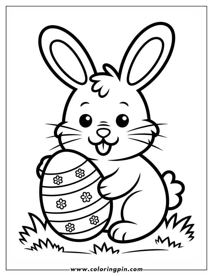 Line art of an Easter bunny holding a decorated Easter egg. The bunny is smiling and has large, expressive eyes. Patches of grass are visible at the bunny's feet. This image is designed as a coloring page.