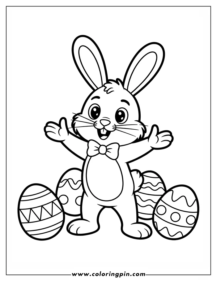 Line art of the Easter Bunny with arms outstretched, surrounded by three decorated eggs, ready for coloring. This is a simple coloring page design perfect for kids.