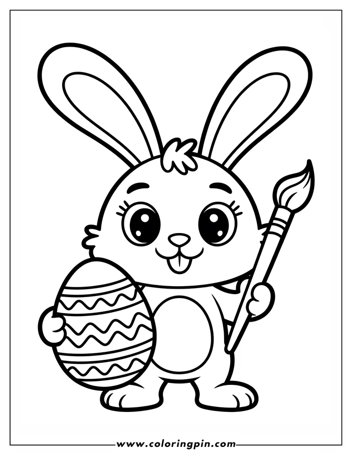 Simple line art of the Easter Bunny holding a decorated egg and a paintbrush. This coloring page design features a cute bunny with large, expressive eyes, a cheerful smile, and a tuft of fur on its head.
