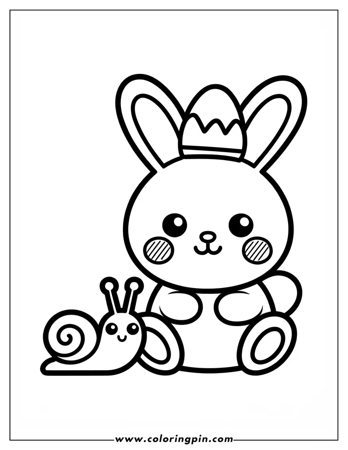 Simple line art of an Easter bunny wearing a crown, sitting next to a friendly snail, ready to be colored. This coloring sheet design is perfect for kids.