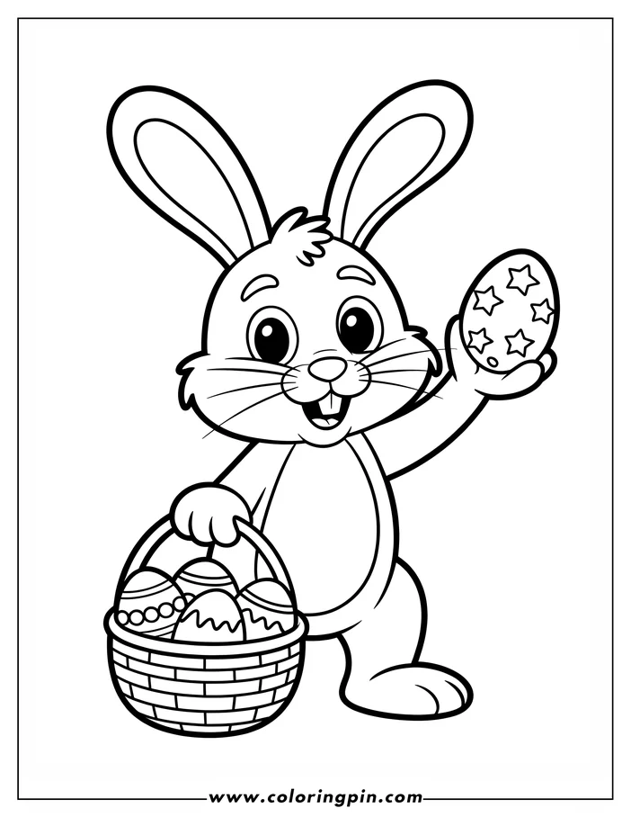 Line art depicting an Easter bunny holding a decorated Easter egg and a basket full of more eggs, ready for coloring. The bunny is smiling and has large, expressive eyes. This is a printable coloring sheet design perfect for Easter celebrations.