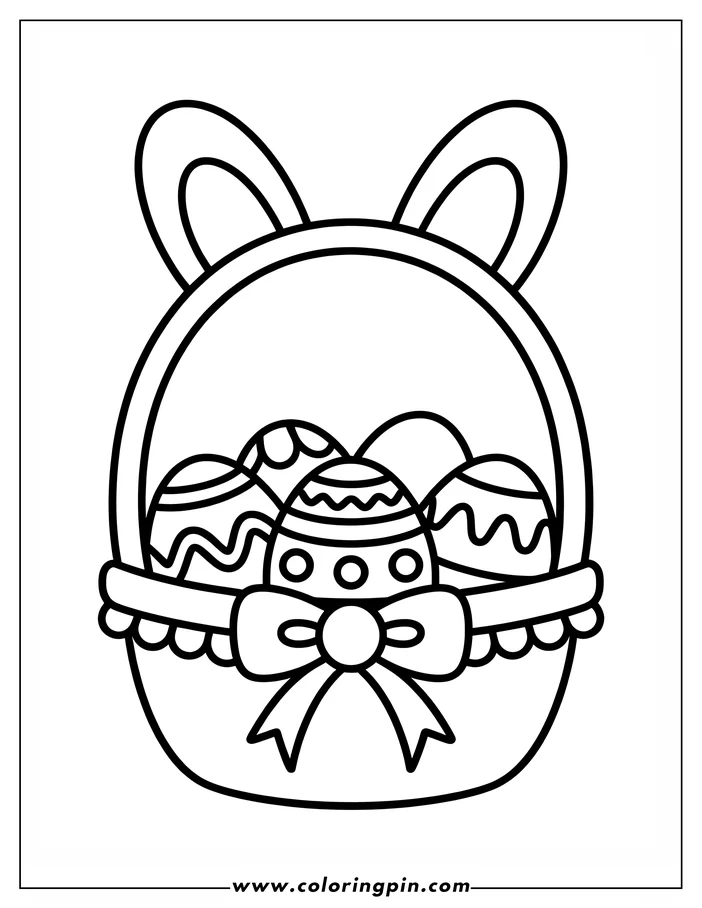 Line art of an Easter basket filled with decorated eggs. The basket has bunny ears on the sides and a bow tied around it.  Three Easter eggs with various patterns are visible inside, ready for coloring.