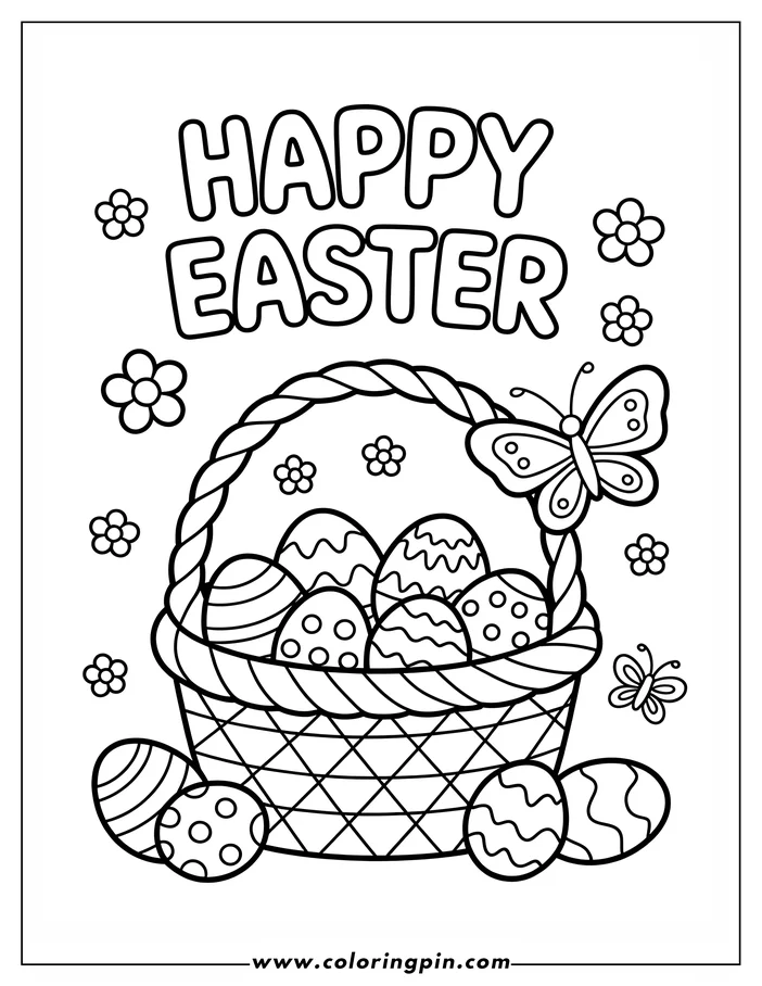 A line art drawing of an Easter basket filled with decorated eggs. A butterfly rests on the handle of the basket. Two more eggs sit beside the basket on the ground. Small flowers and a second butterfly are visible in the background. This image is a coloring page design.